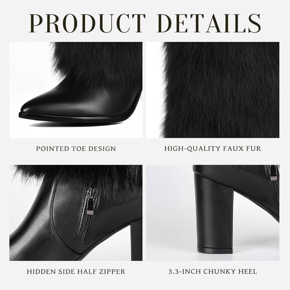 Women's Black 3.3-inch Chunky Mid Calf Furry Fuzzy Fluffy Pointed Toe Boots - Picture 4 of 6